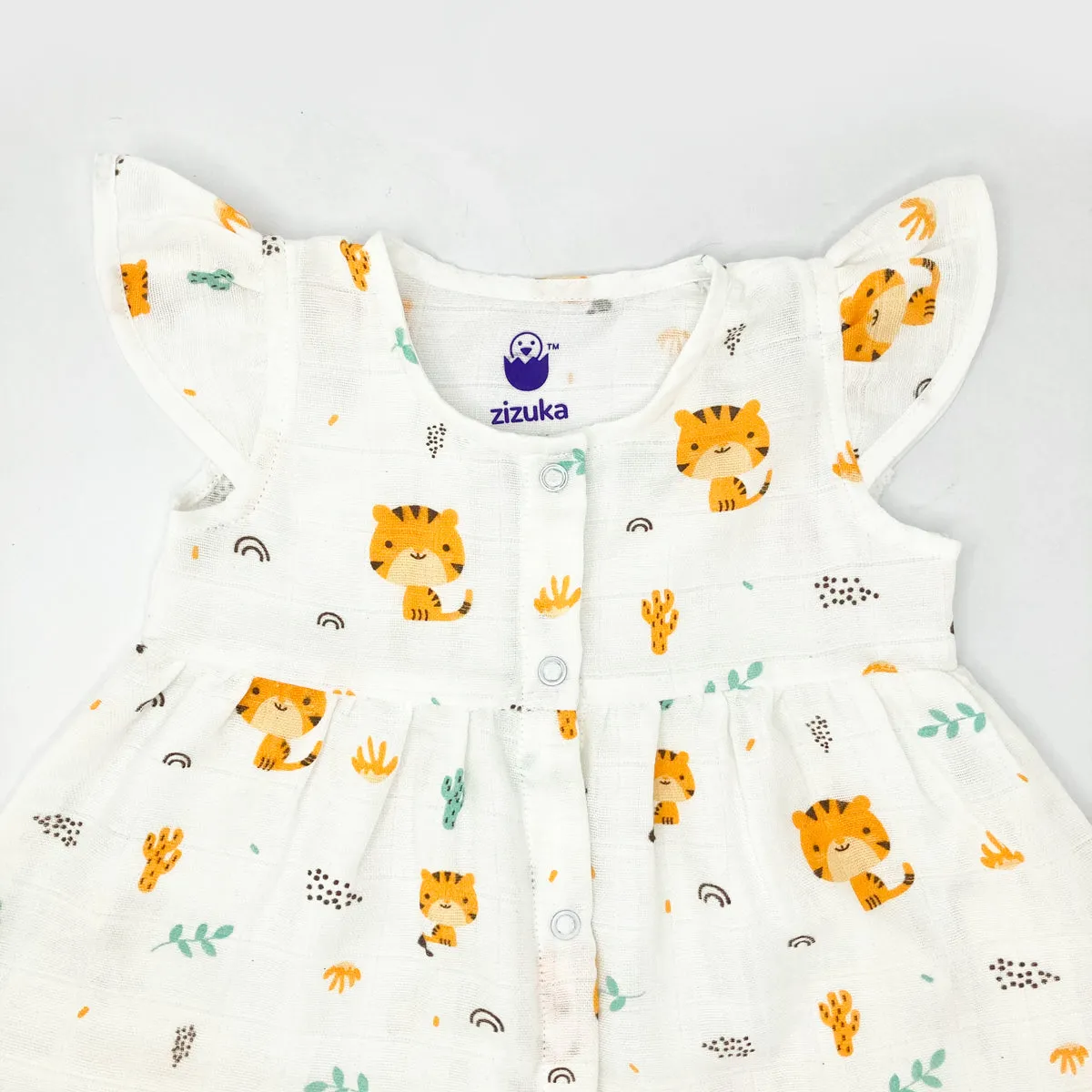 100% Cotton Muslin Frock for Baby Girl -Cap Sleeve -Tiger