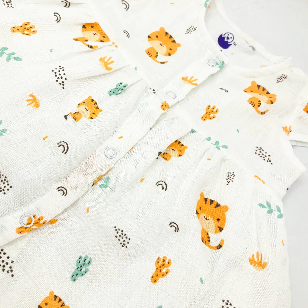 100% Cotton Muslin Frock for Baby Girl -Cap Sleeve -Tiger