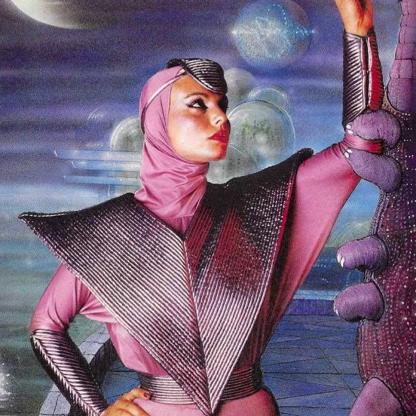 1979 Pink and Silver Futuristic Unitard Cape Ensemble