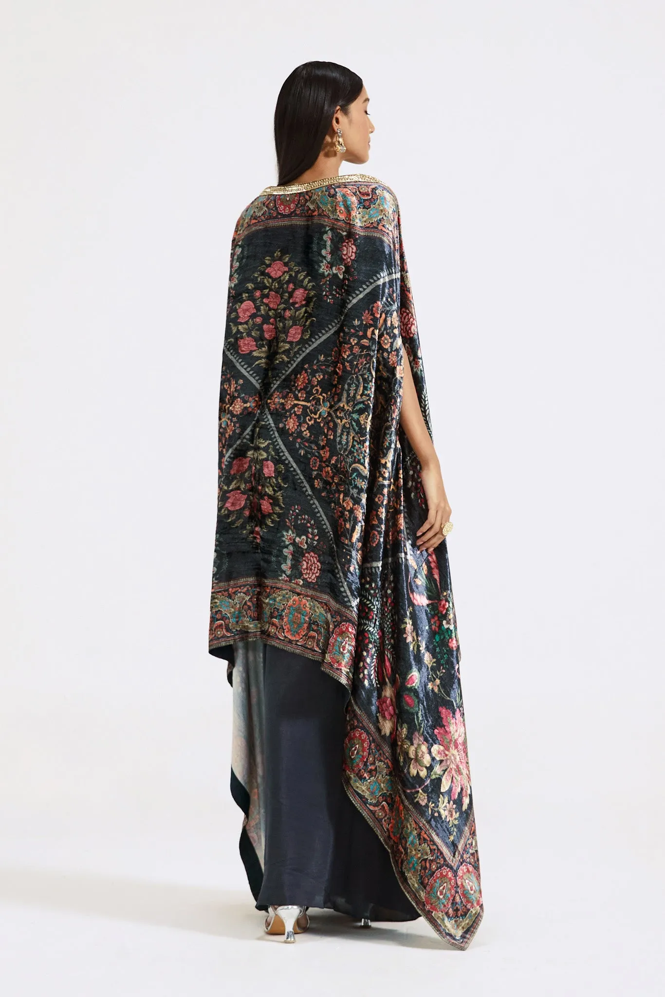 30Z368-RO Grey Embroidered Skirt Set with Multicolor Velvet Cape