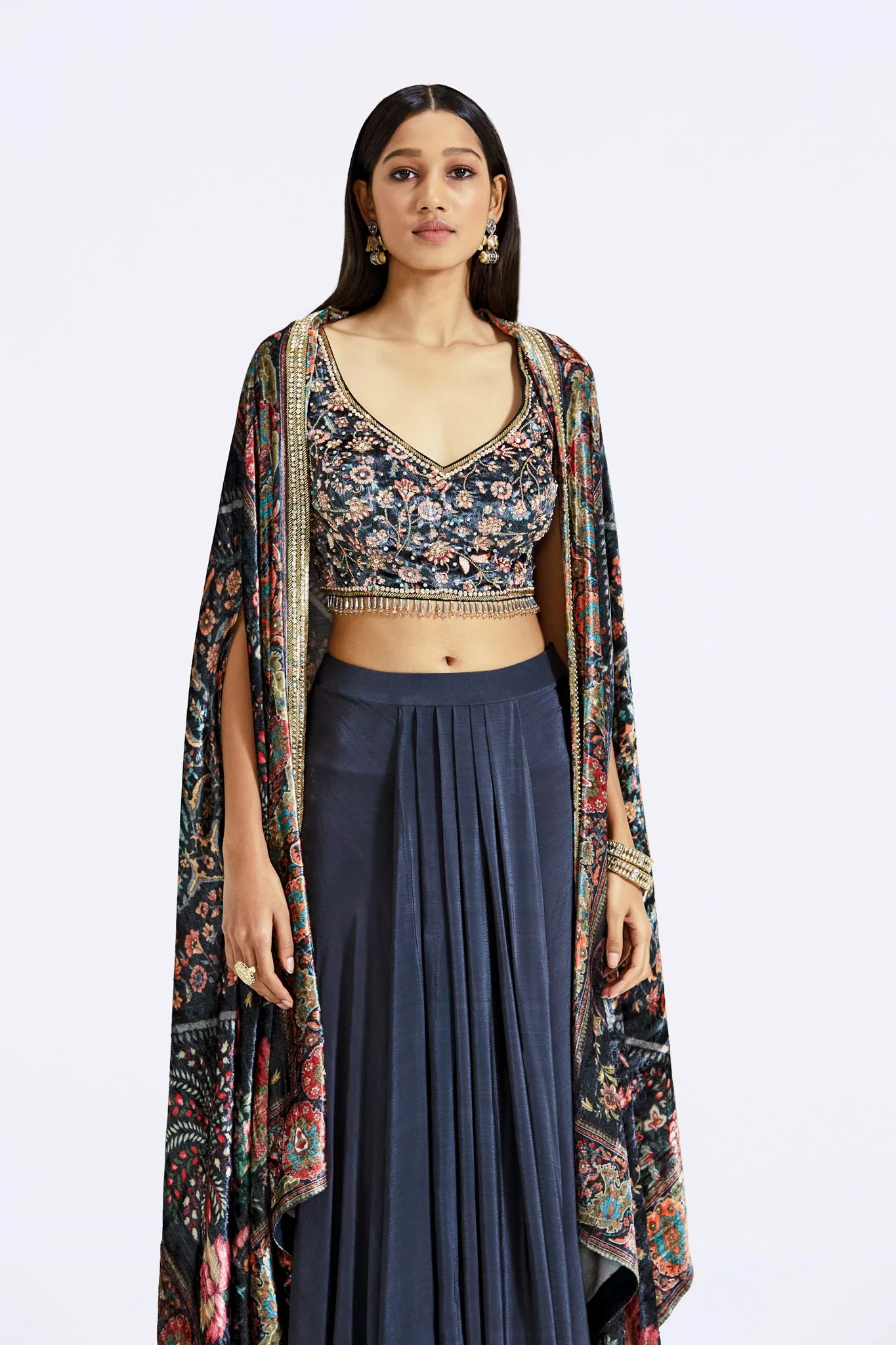 30Z368-RO Grey Embroidered Skirt Set with Multicolor Velvet Cape