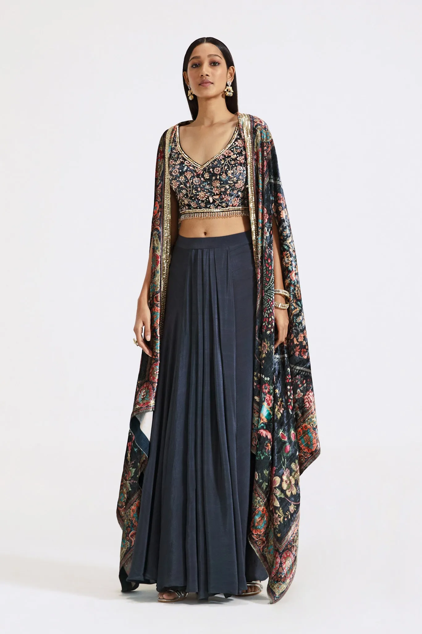 30Z368-RO Grey Embroidered Skirt Set with Multicolor Velvet Cape