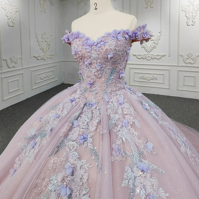 3D Flower applique ball gown purple shinny shimmery evening gala quinceanera dress