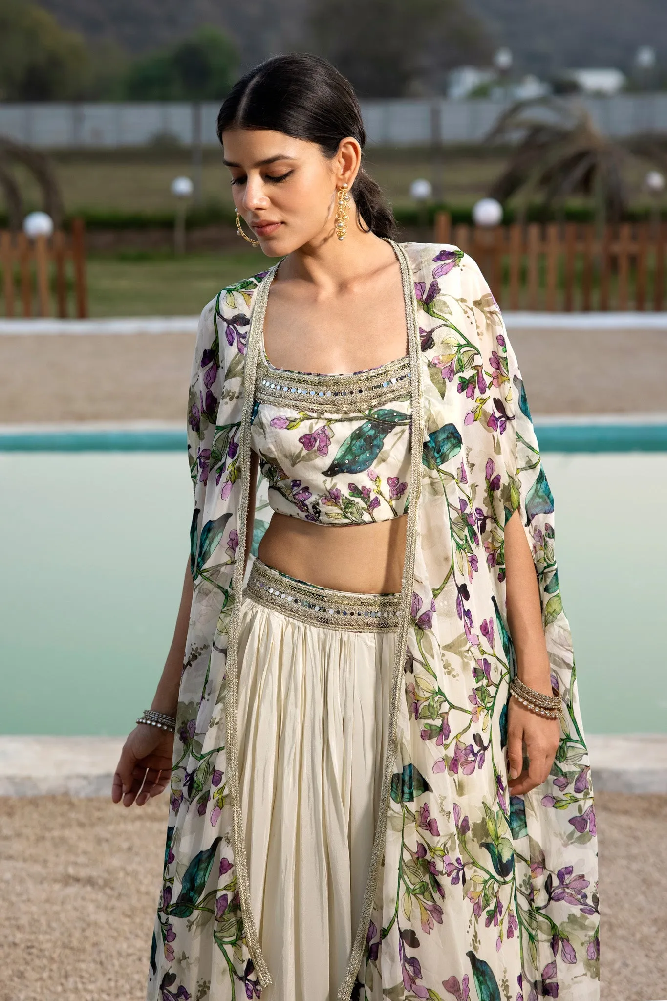 50Z900-RO Ivory Floral Embroidered Skirt Set With Cape