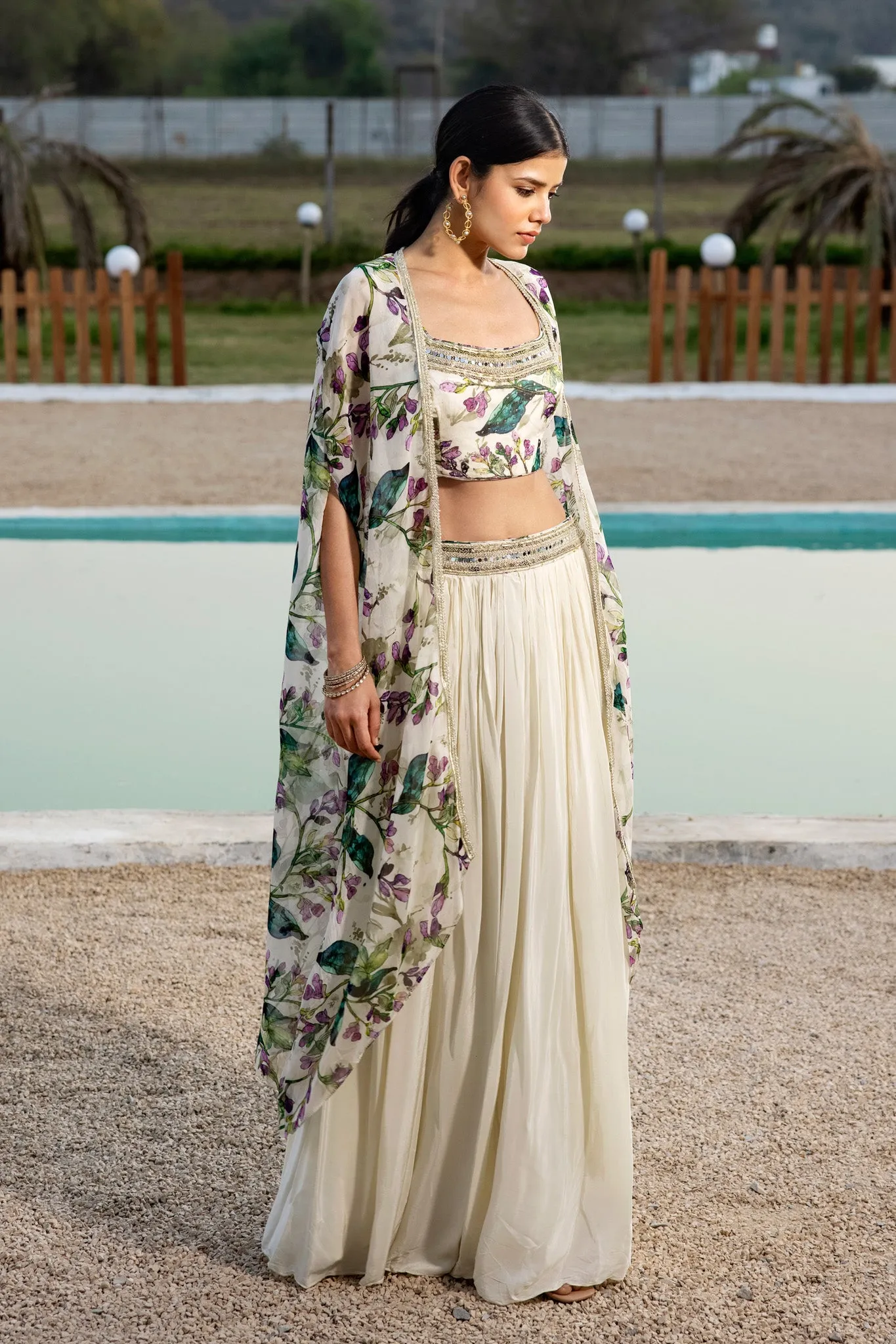 50Z900-RO Ivory Floral Embroidered Skirt Set With Cape