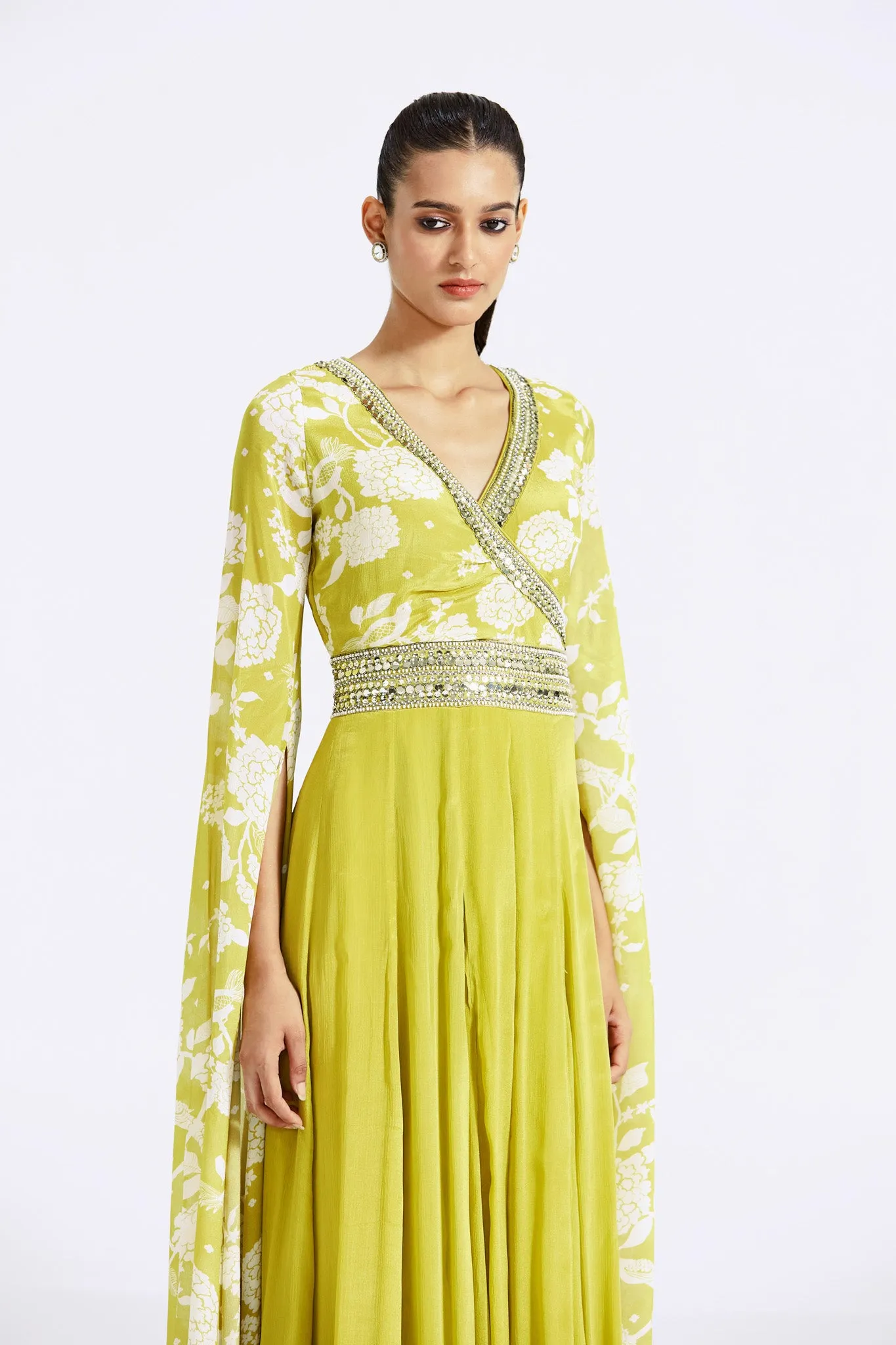 51Z021-RO Lime Green Printed Chinon Jumpsuit with Cape Sleeves