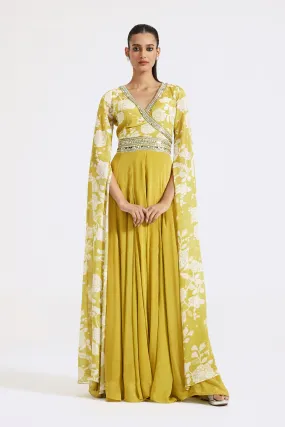 51Z021-RO Lime Green Printed Chinon Jumpsuit with Cape Sleeves