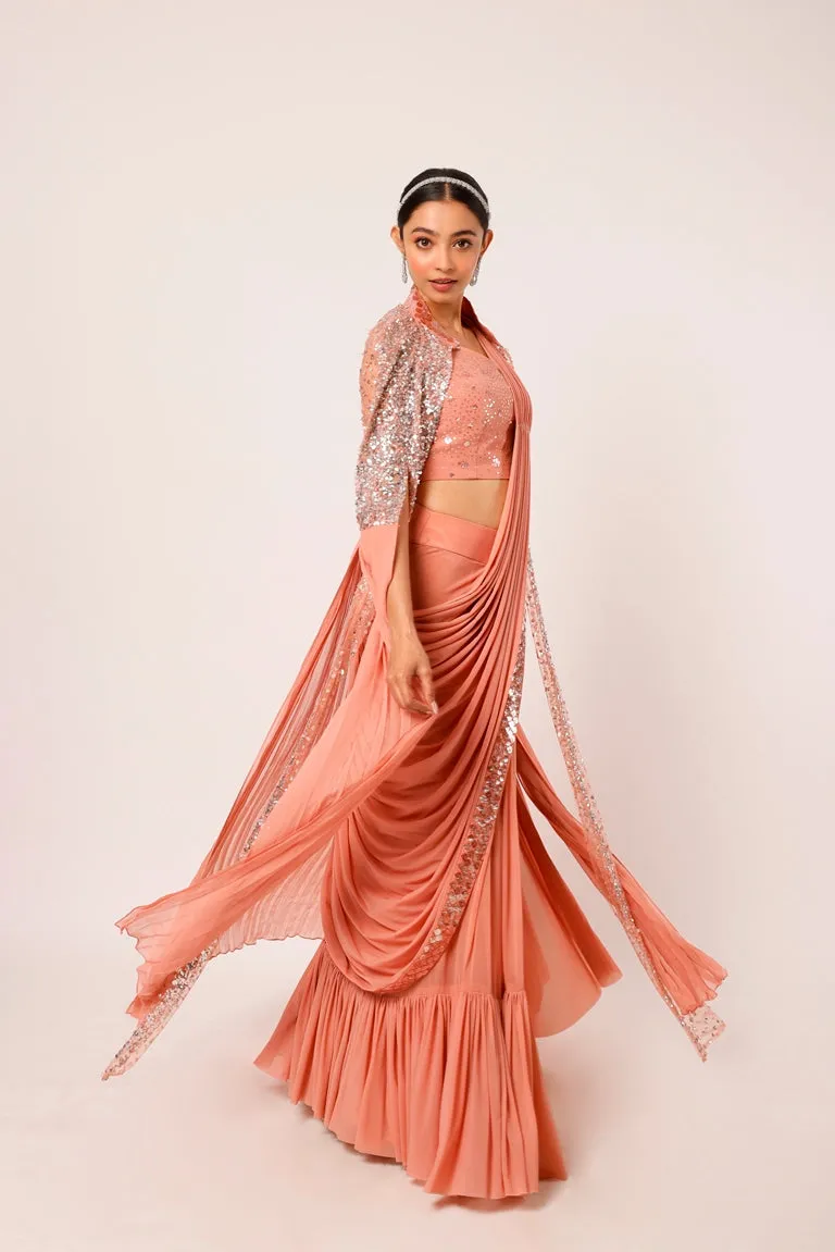 90Z933-RO Pink Darpe Saree With Statement Sleeved Cape