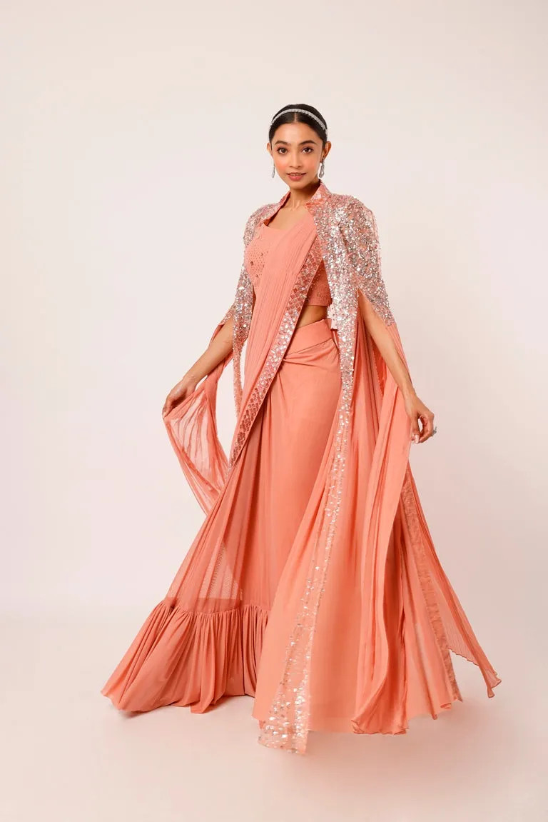 90Z933-RO Pink Darpe Saree With Statement Sleeved Cape