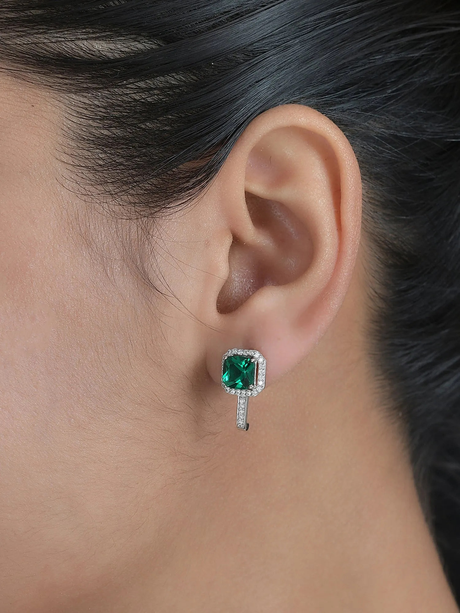 925 Silver Emerald J Hoop Earrings