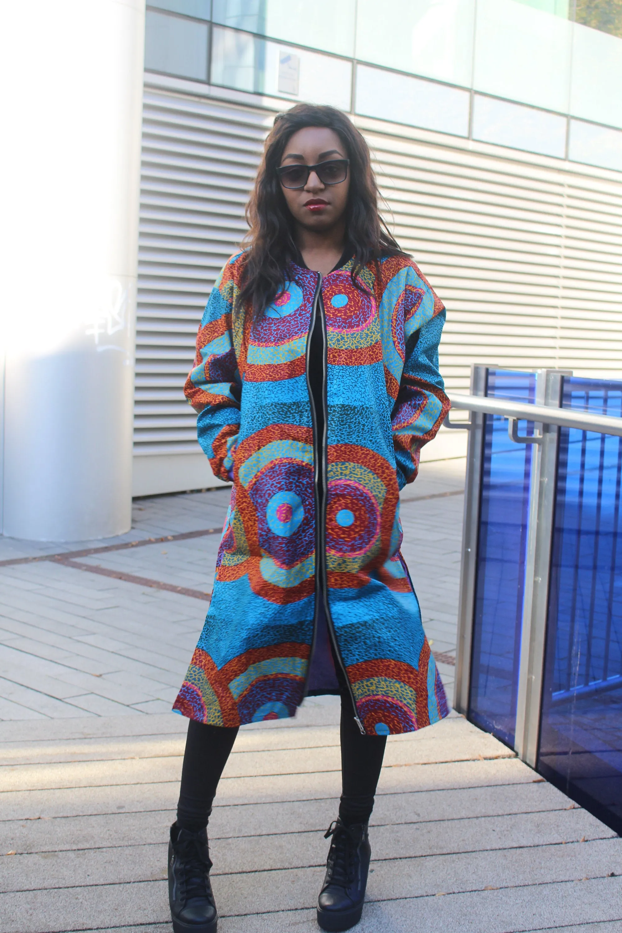 African Trench Coat in Blue Ankara Print - Festival Coat