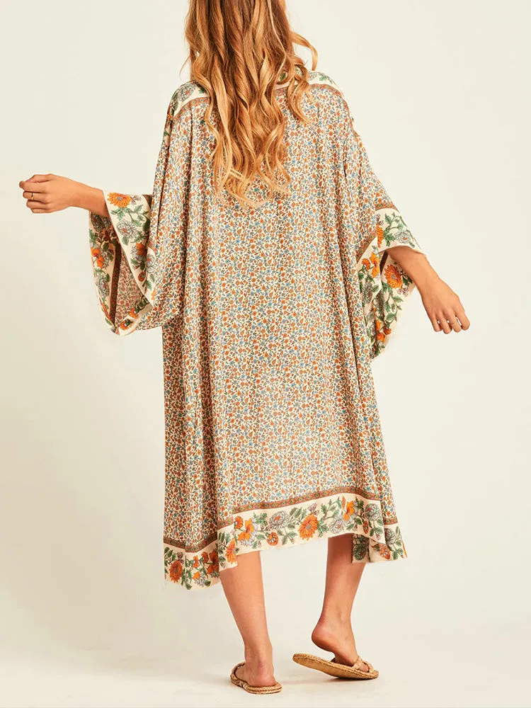 Beachwear Floral Cotton Kimono Beige Color Long Gown Robe Kimono Duster Robe