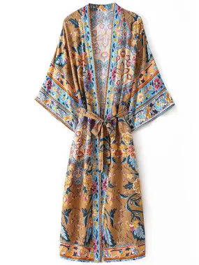 Beachwear Kimono Robe Floral Print Brown Color Cotton Long Length Gown Duster Robe