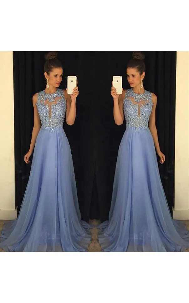 Beautiful Lace Appliques Sleeveless Prom Dress 2018 Long Chiffon Party Gowns-323624