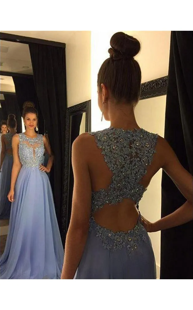 Beautiful Lace Appliques Sleeveless Prom Dress 2018 Long Chiffon Party Gowns-323624