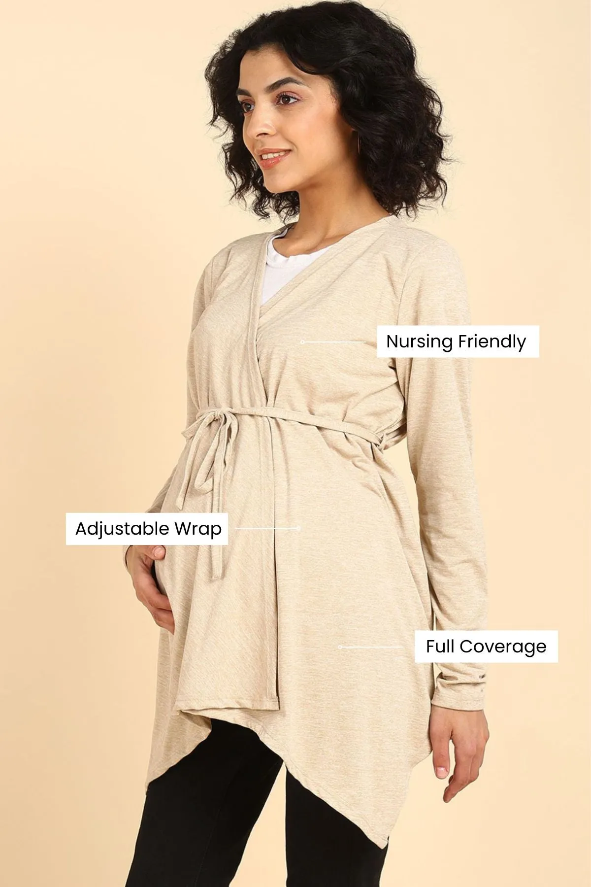 Beige Full Coverage Easy-Feeding Maternity Duster