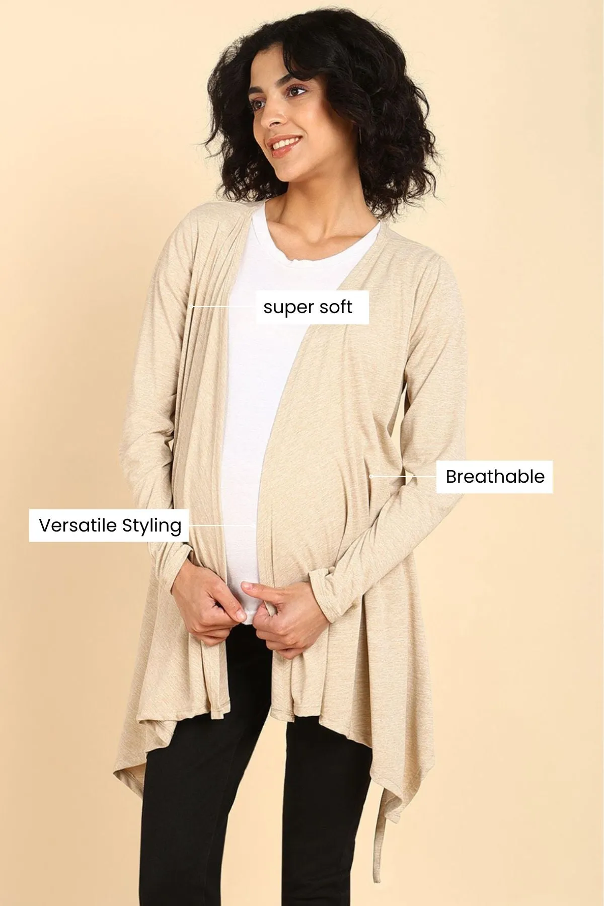 Beige Full Coverage Easy-Feeding Maternity Duster