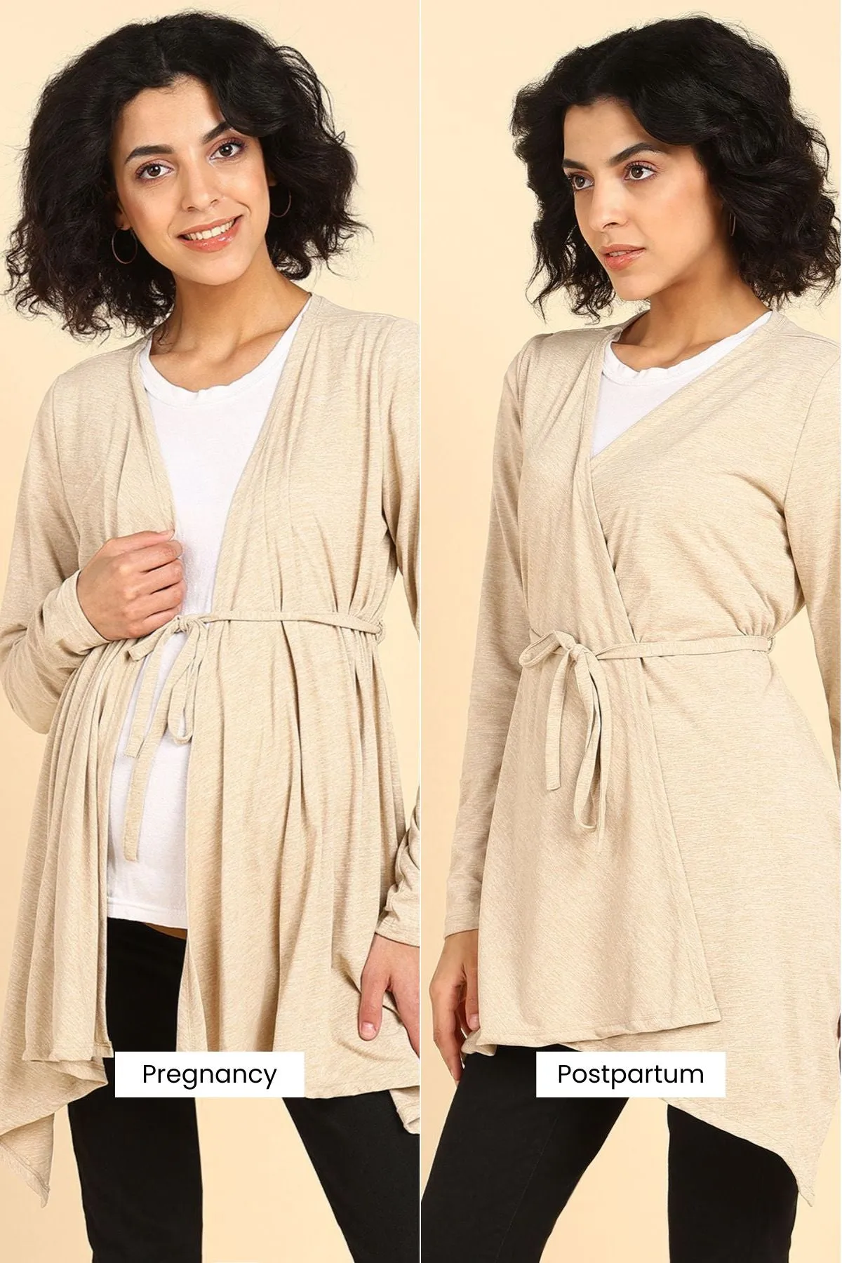 Beige Full Coverage Easy-Feeding Maternity Duster