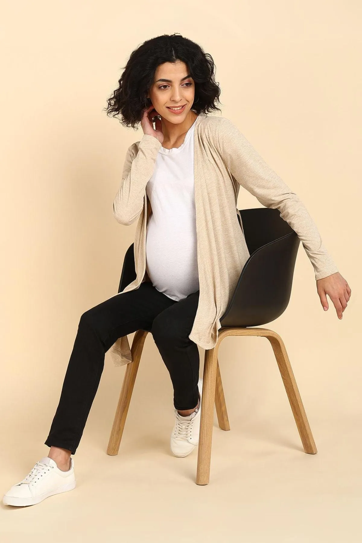 Beige Full Coverage Easy-Feeding Maternity Duster