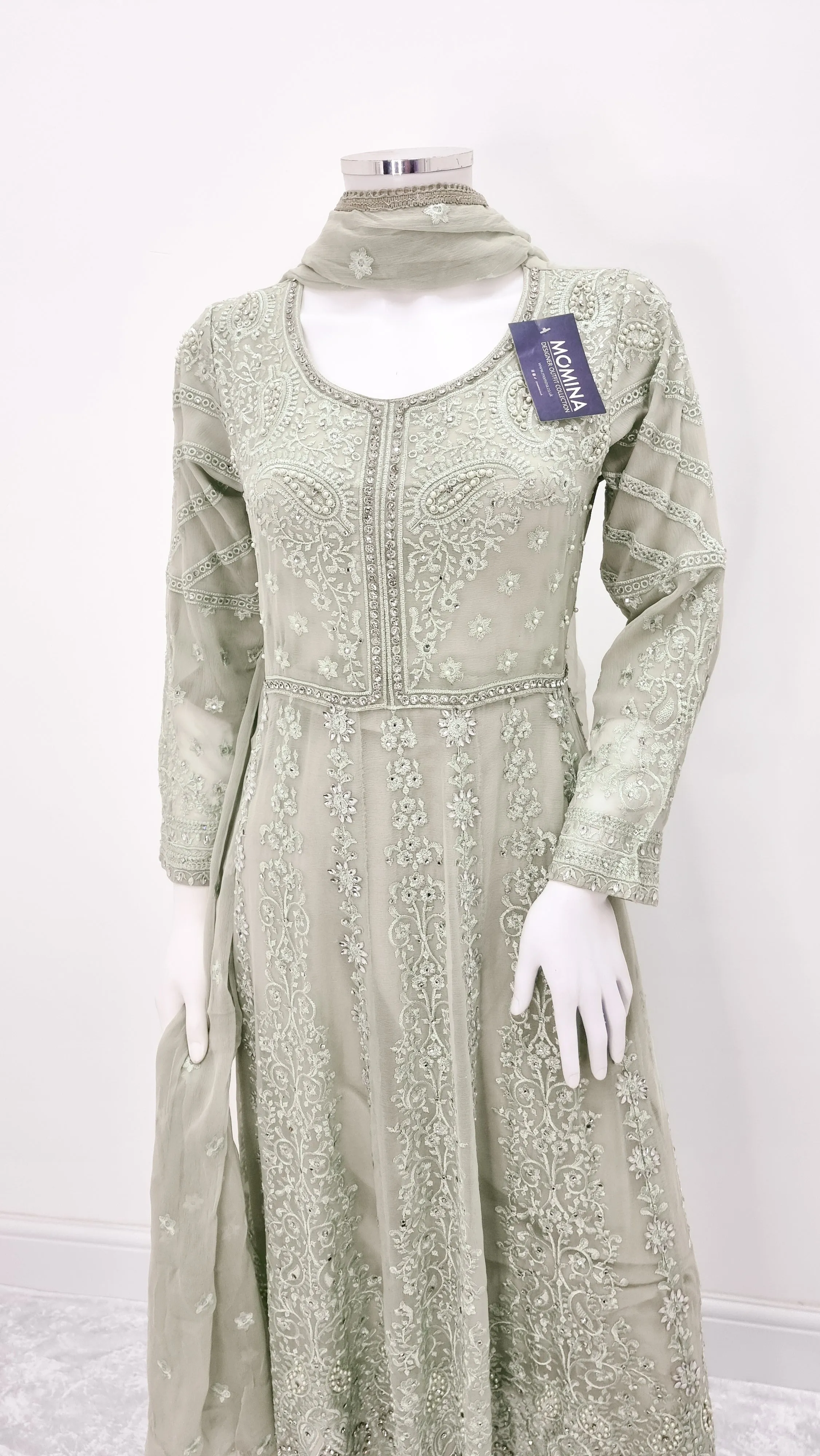 Beige-Green Embroidered Chiffon Frock Suit