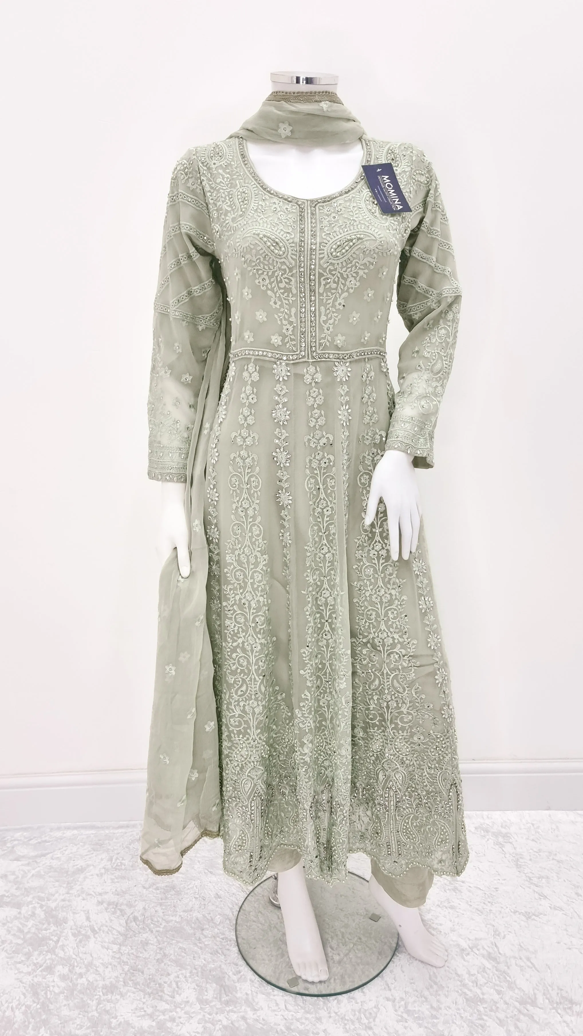 Beige-Green Embroidered Chiffon Frock Suit