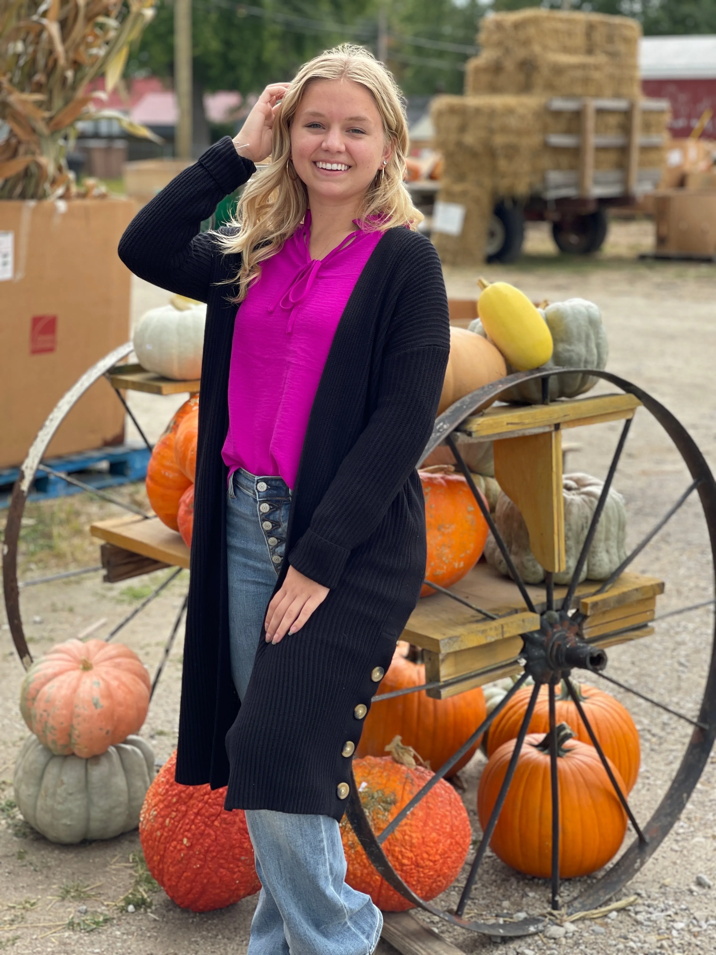 BLACK DUSTER BUTTON TRIM KNIT CARDIGAN