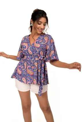 Blue Hand Block Printed Paisley Peplum Cotton Top