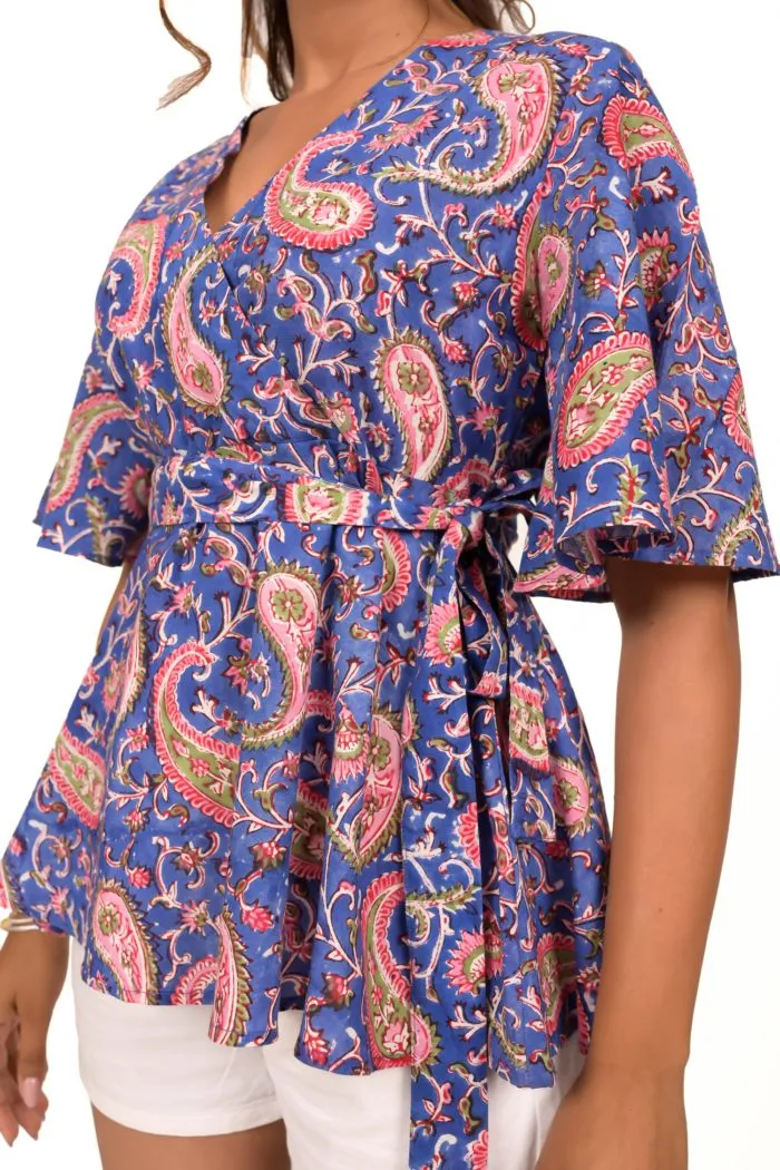 Blue Hand Block Printed Paisley Peplum Cotton Top