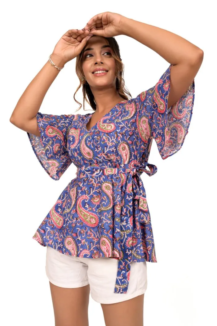 Blue Hand Block Printed Paisley Peplum Cotton Top