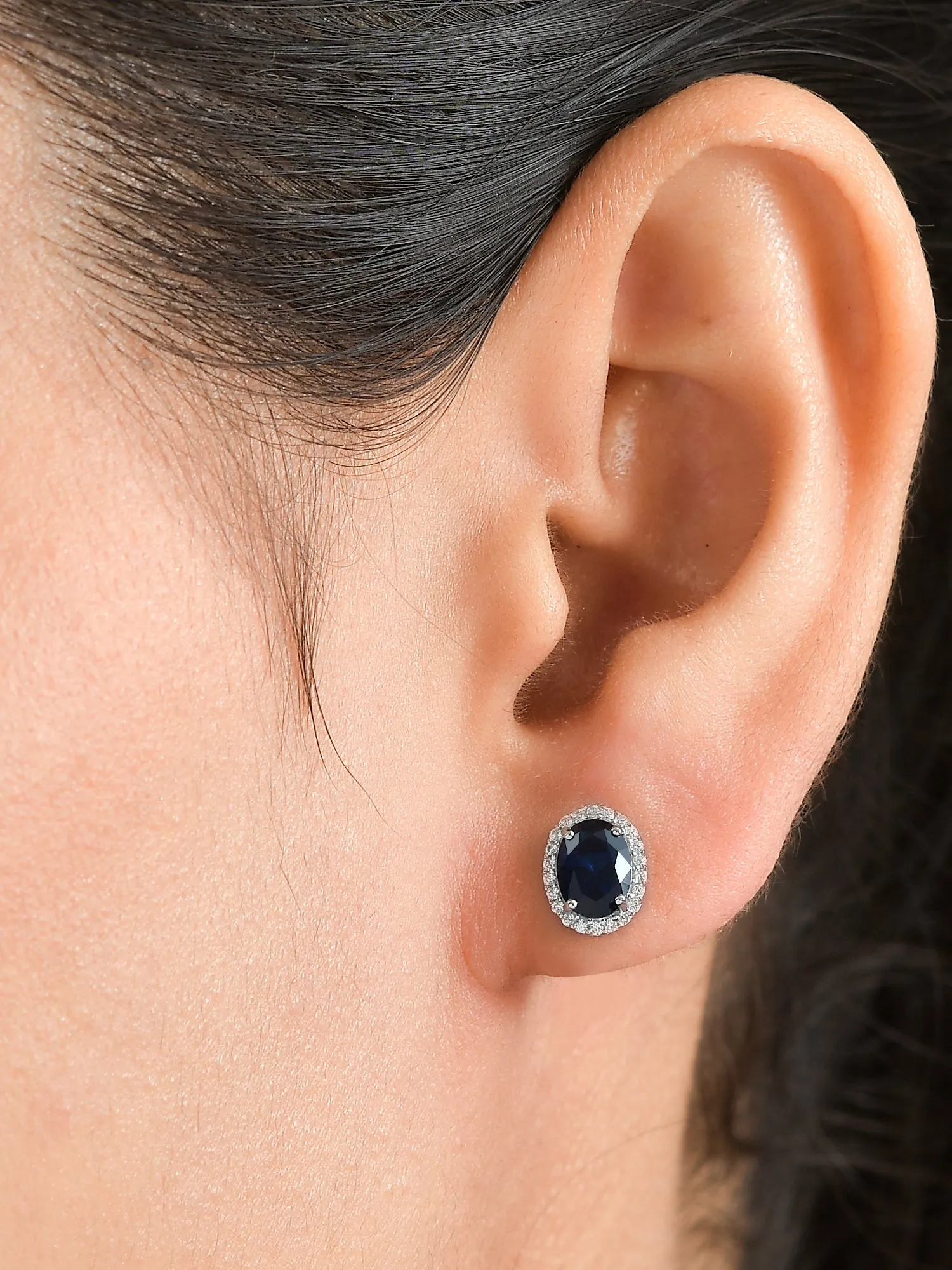 Blue Sapphire Stud 925 Silver Earrings In Oval Shape