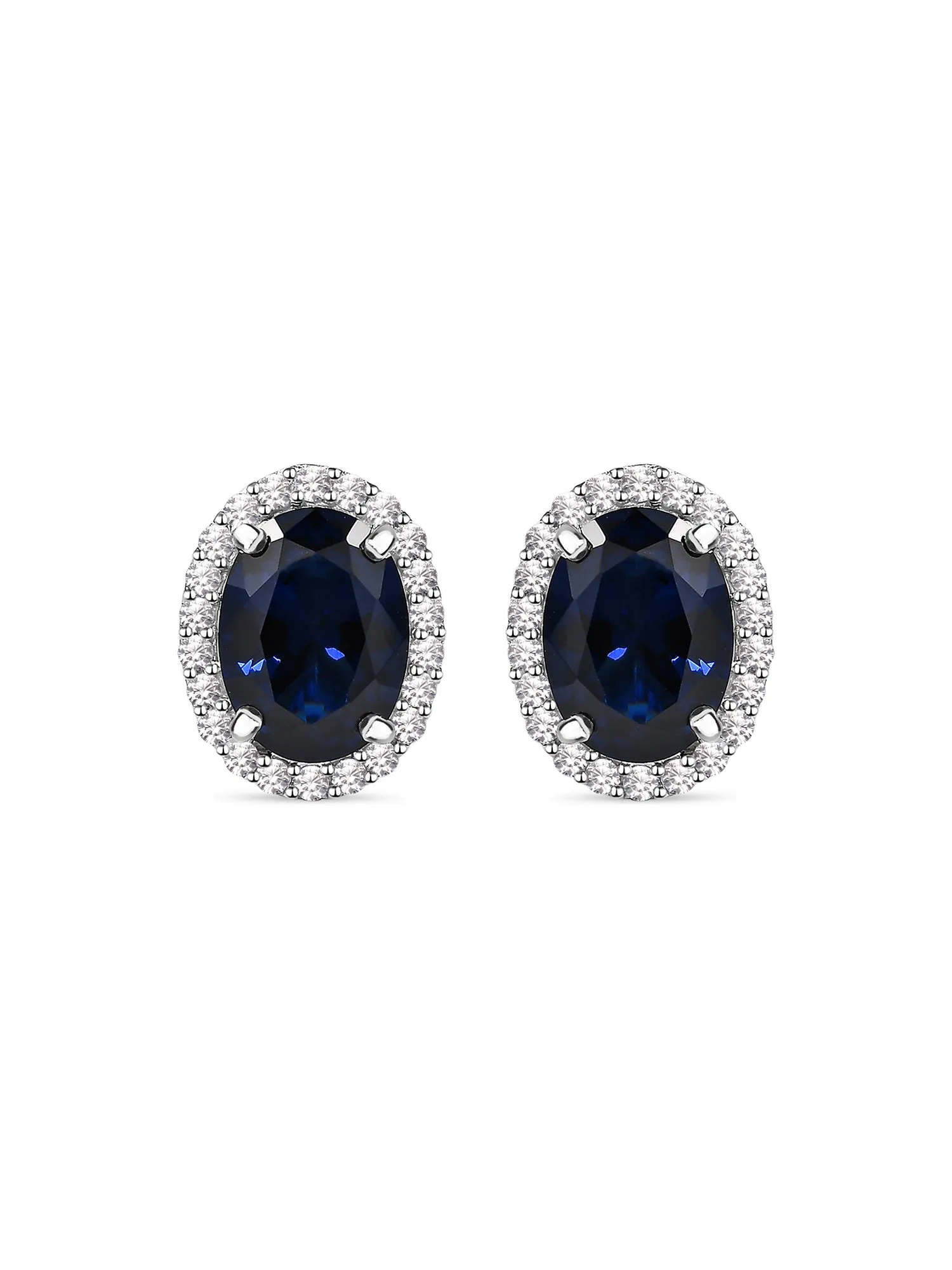 Blue Sapphire Stud 925 Silver Earrings In Oval Shape