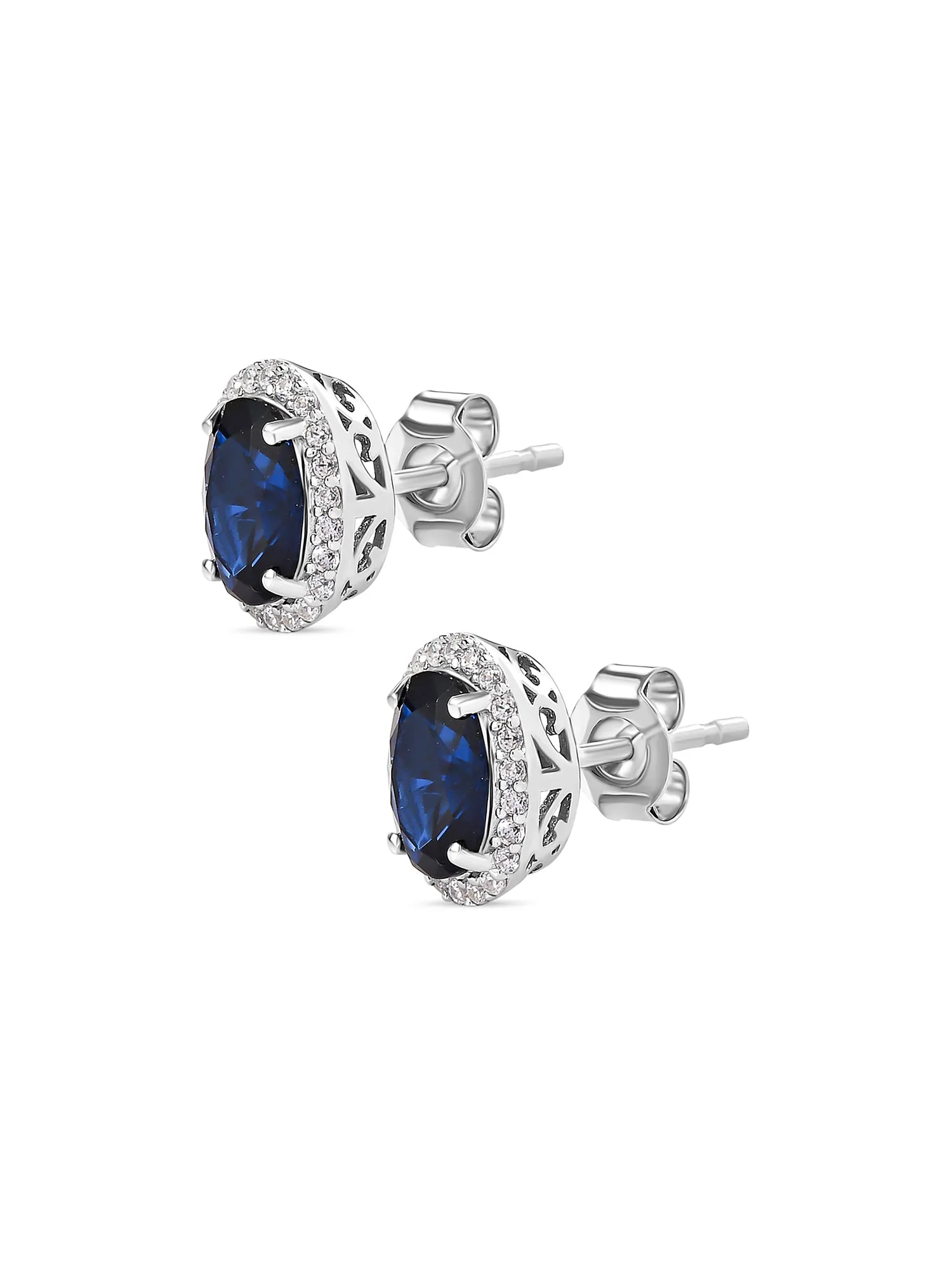 Blue Sapphire Stud 925 Silver Earrings In Oval Shape