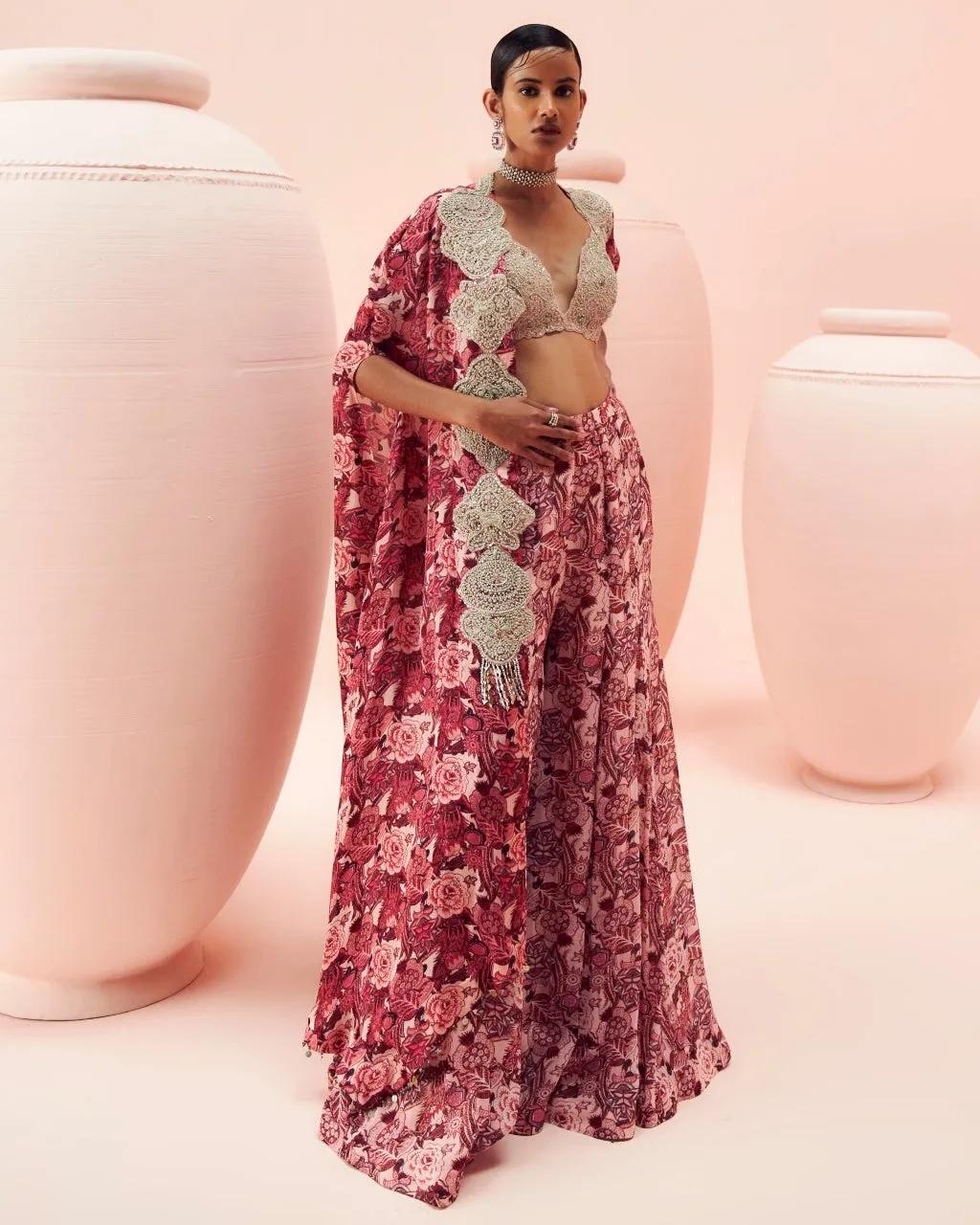 Blush Abstract Floral Flared Pants And Cape Set