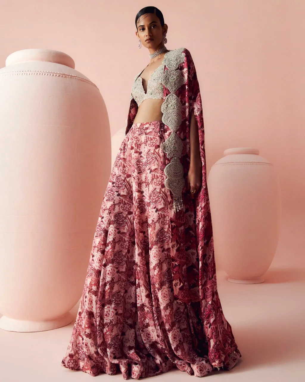 Blush Abstract Floral Flared Pants And Cape Set