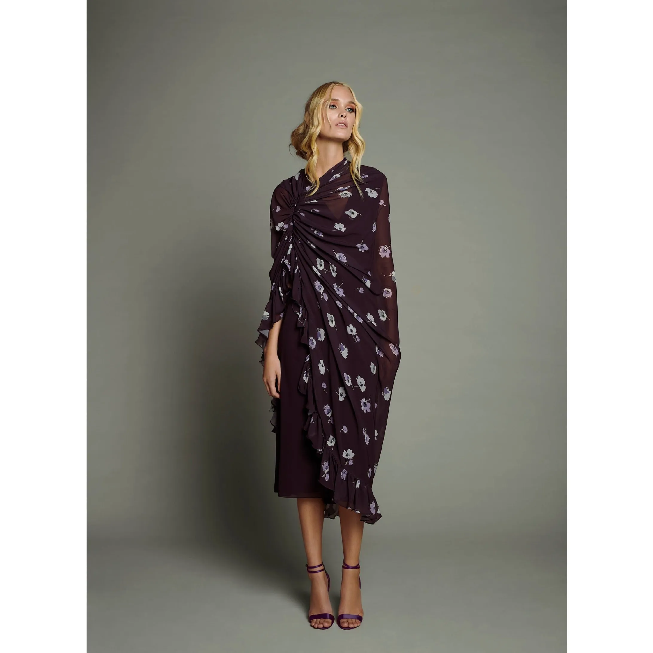 Bordeaux Floral Chiffon Cape Dress