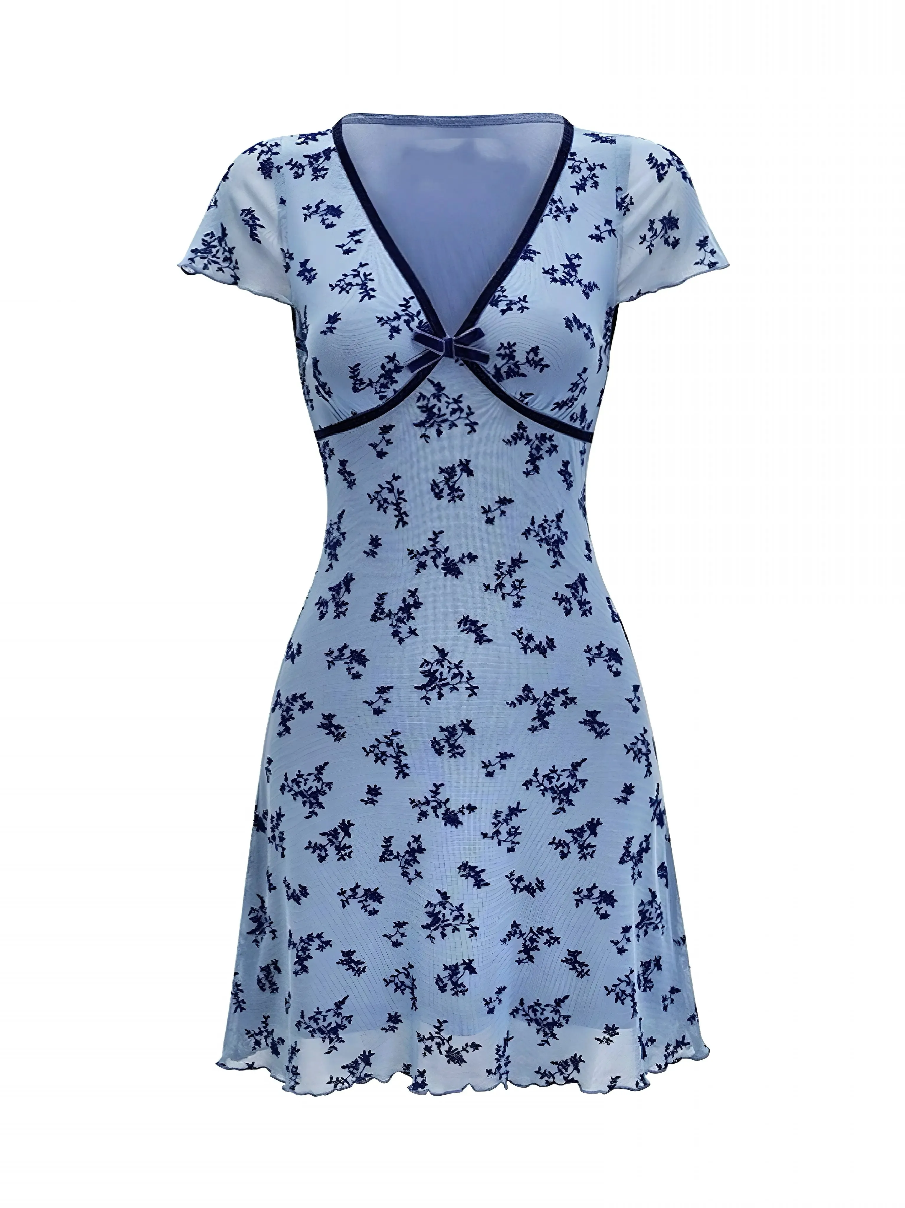 'Butterfly Pea' Coquette Ribbon V-Neck Floral Dress