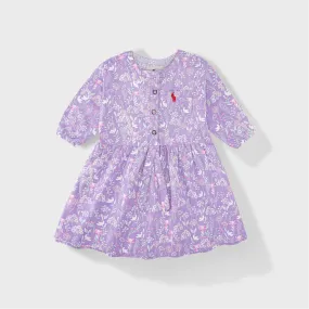 C1491 USP Colorful Flower & Leaf Purple Frock