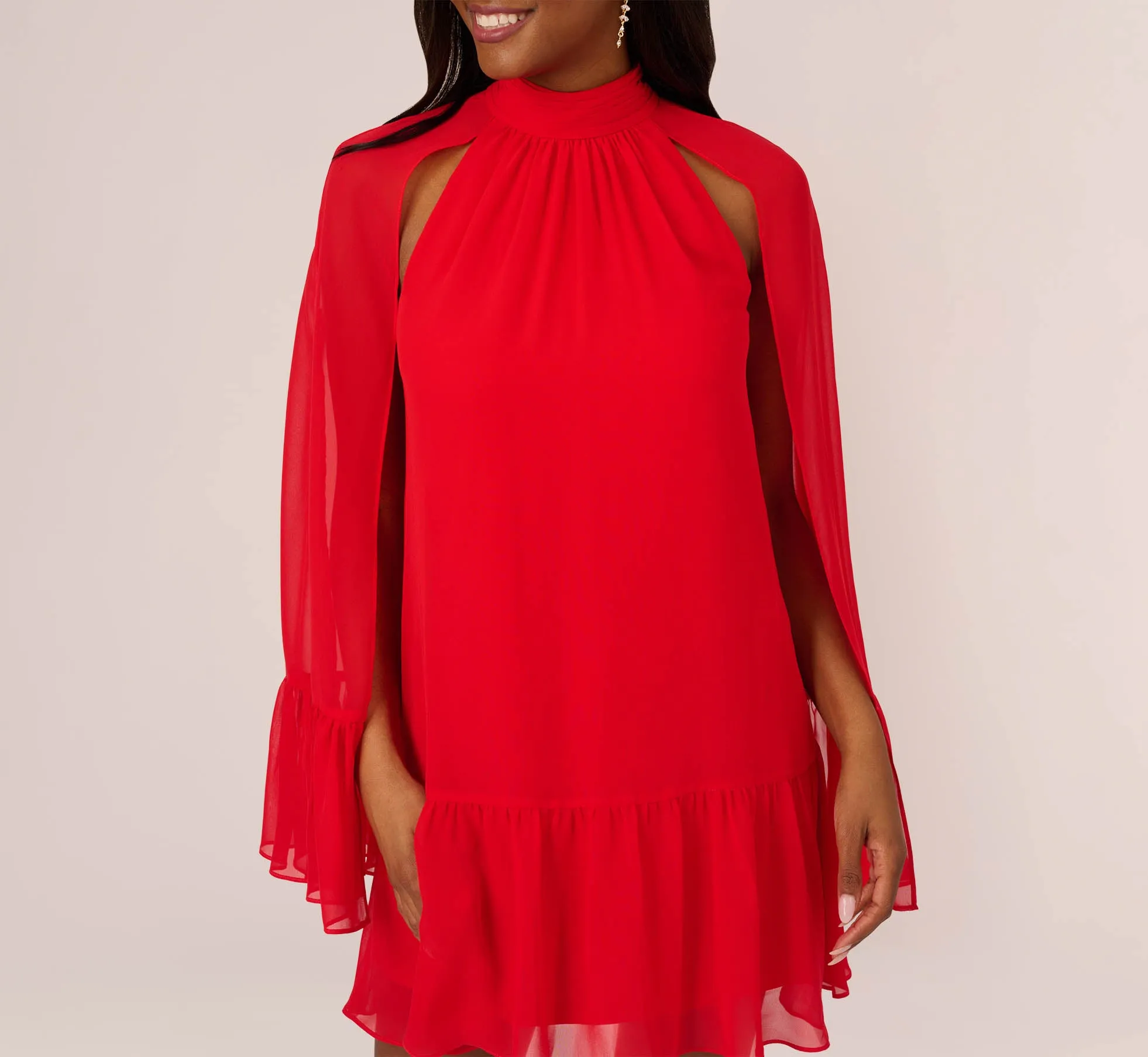 Chiffon Cape Sheath Dress With Ruffle Details In Red Crush