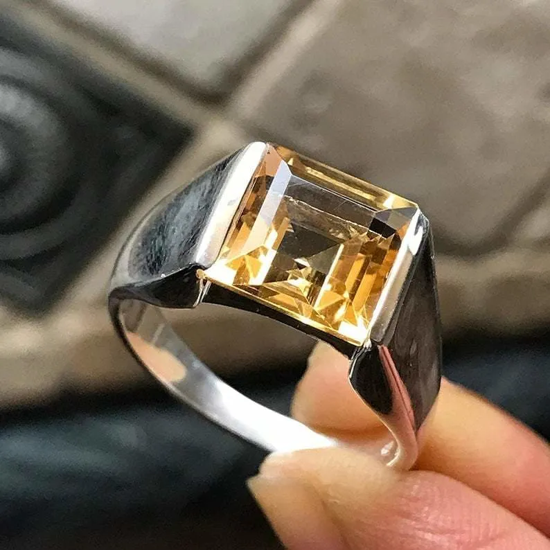 Citrine Massive Men’s Solid Silver Ring, Signet Princess Citrine, Wedding Gift