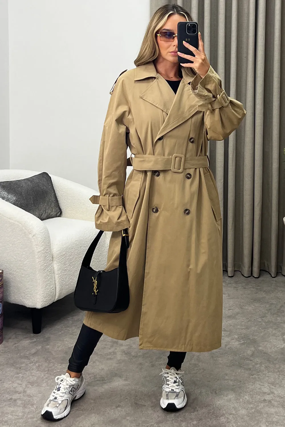 Coreen Beige Belted Button Up Trench Longline Coat