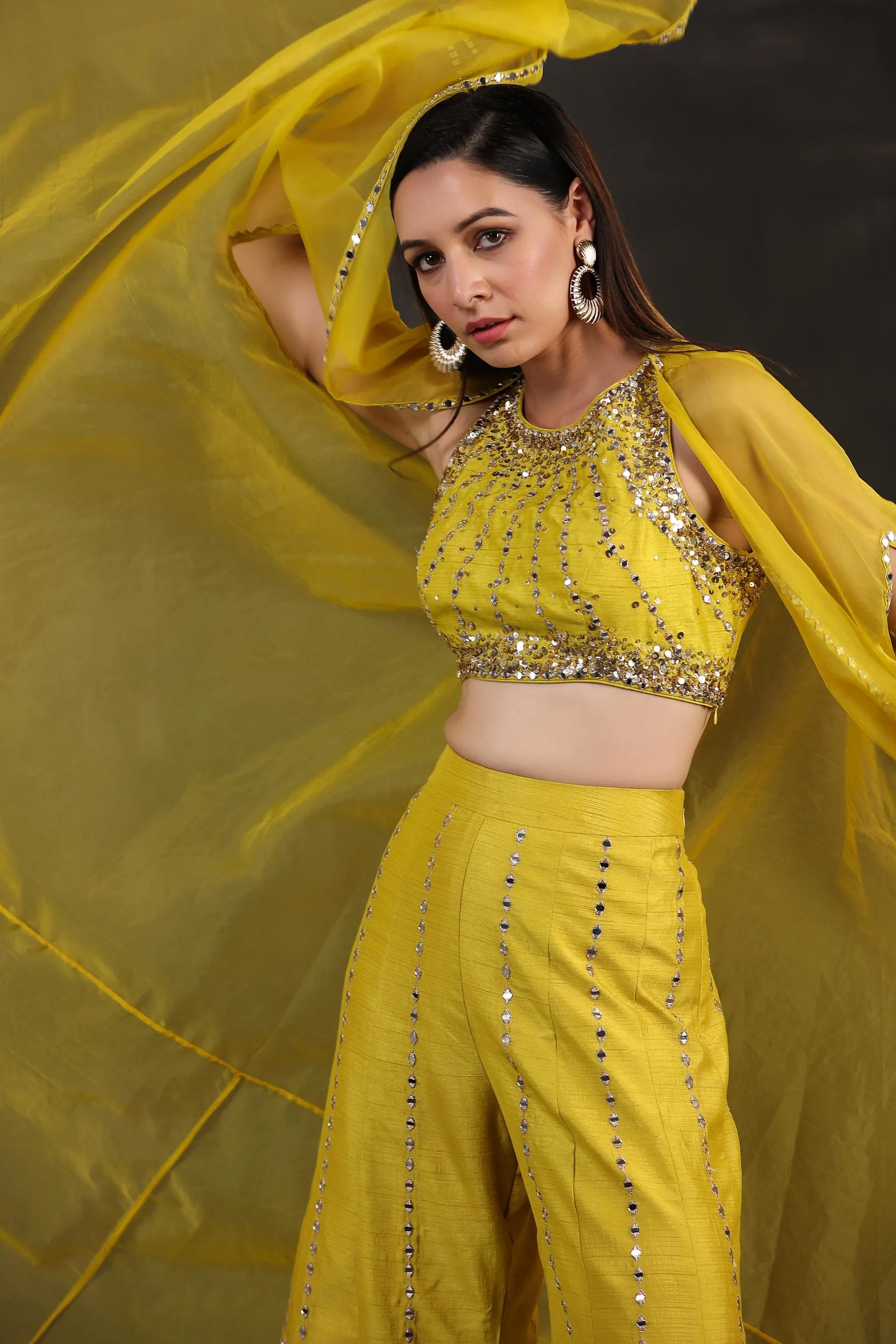 Corn Yellow Embellished Premium Organza Silk Cape Set