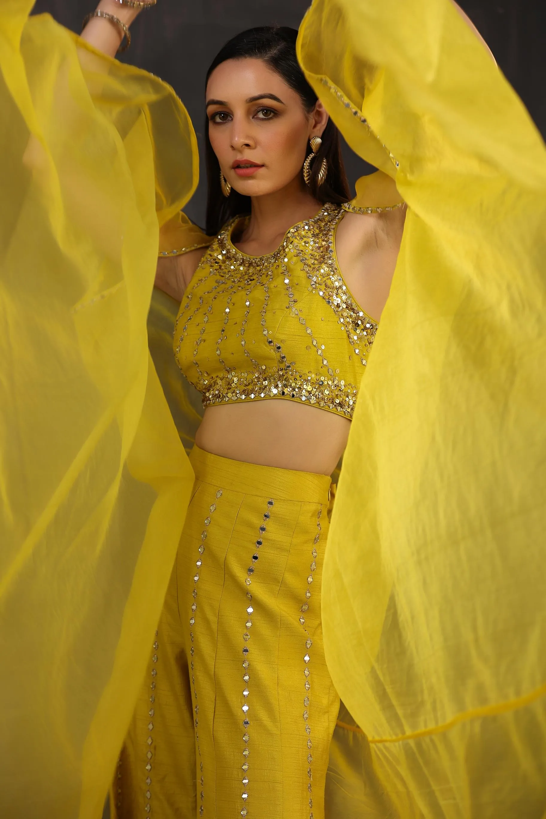 Corn Yellow Embellished Premium Organza Silk Cape Set