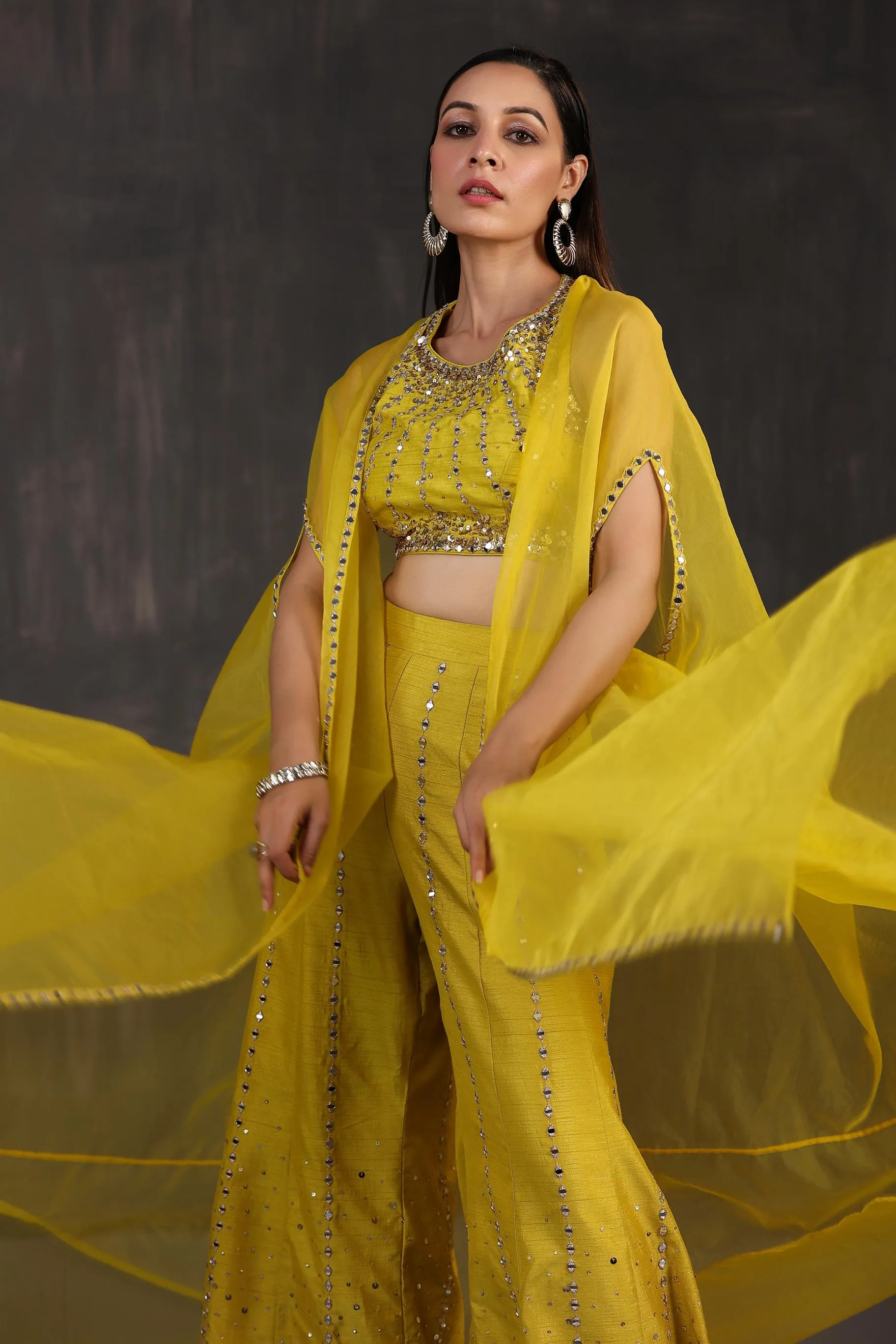 Corn Yellow Embellished Premium Organza Silk Cape Set