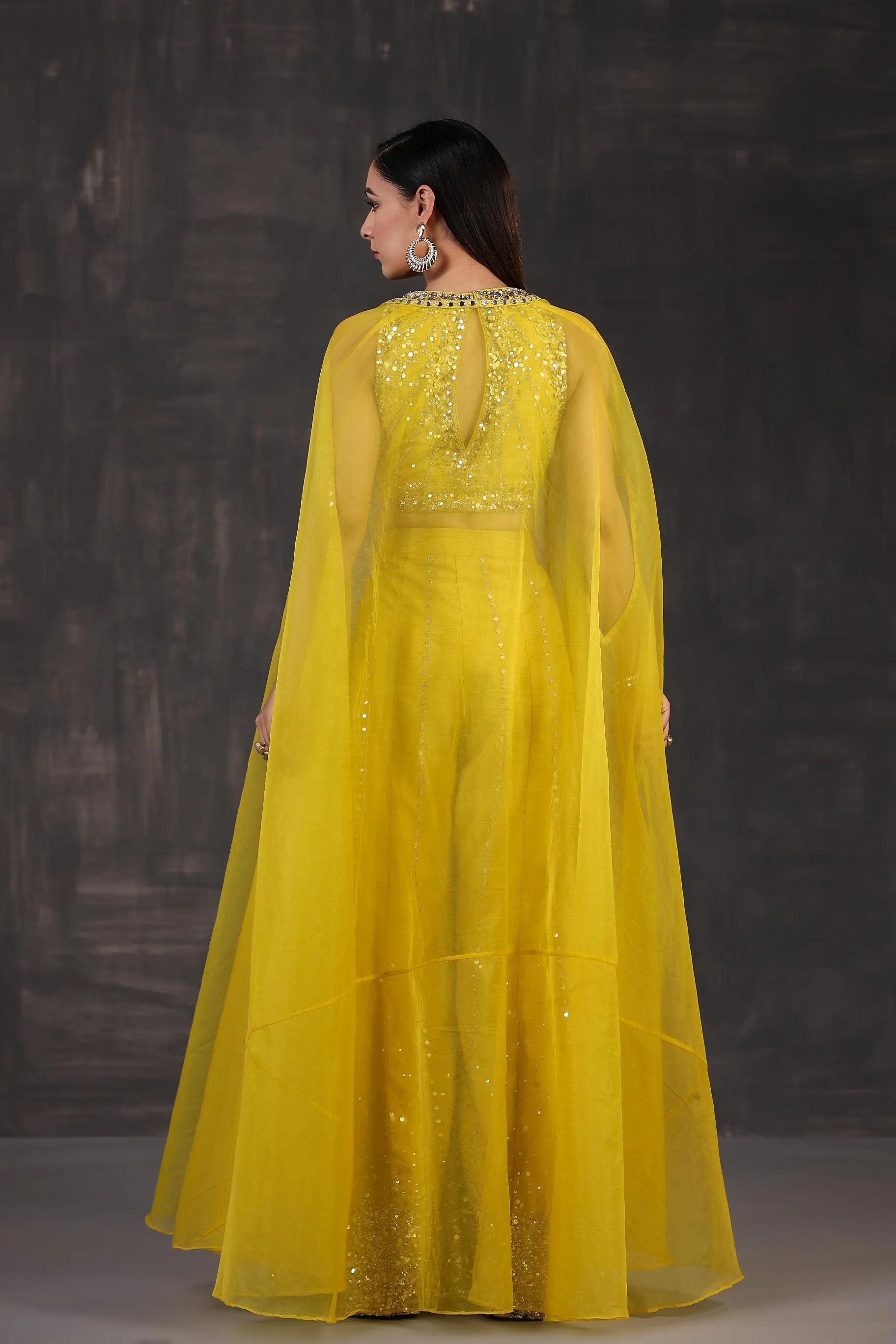 Corn Yellow Embellished Premium Organza Silk Cape Set