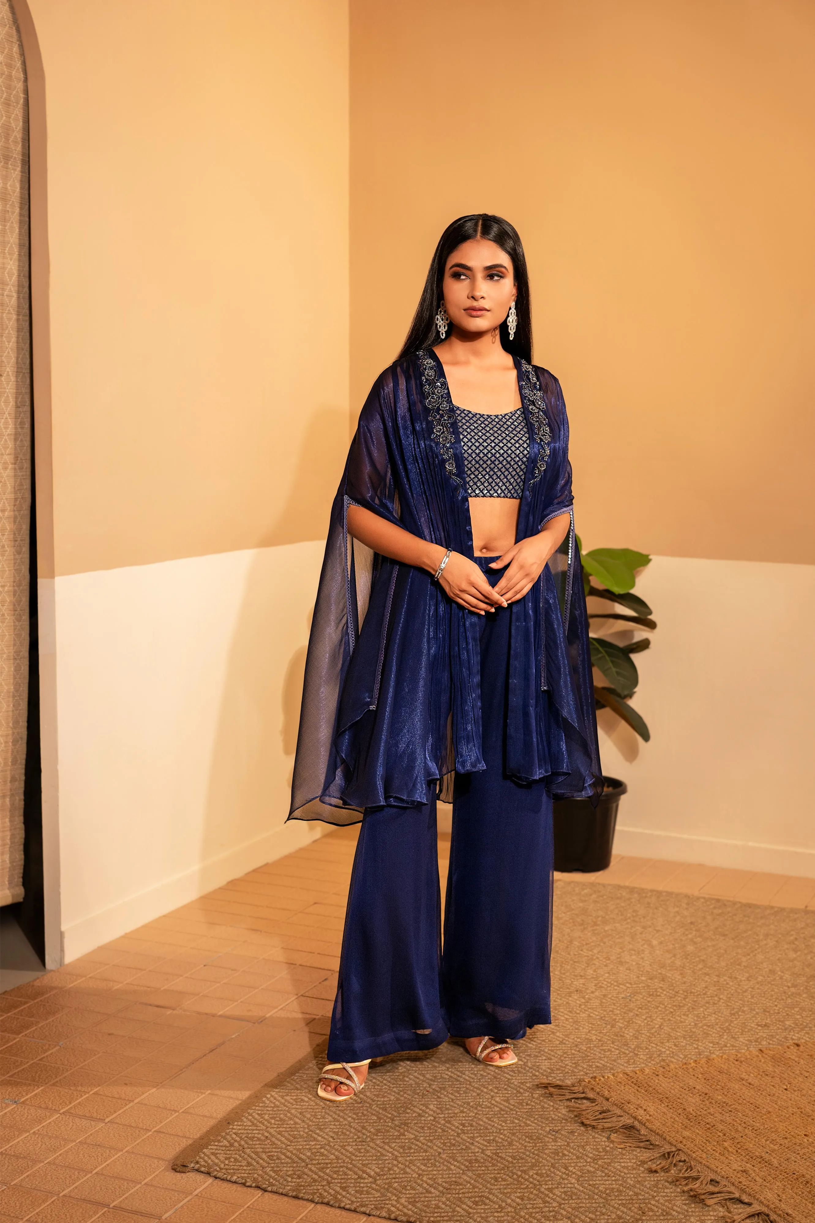 Dark Blue Embellished Premium Silk Cape Set