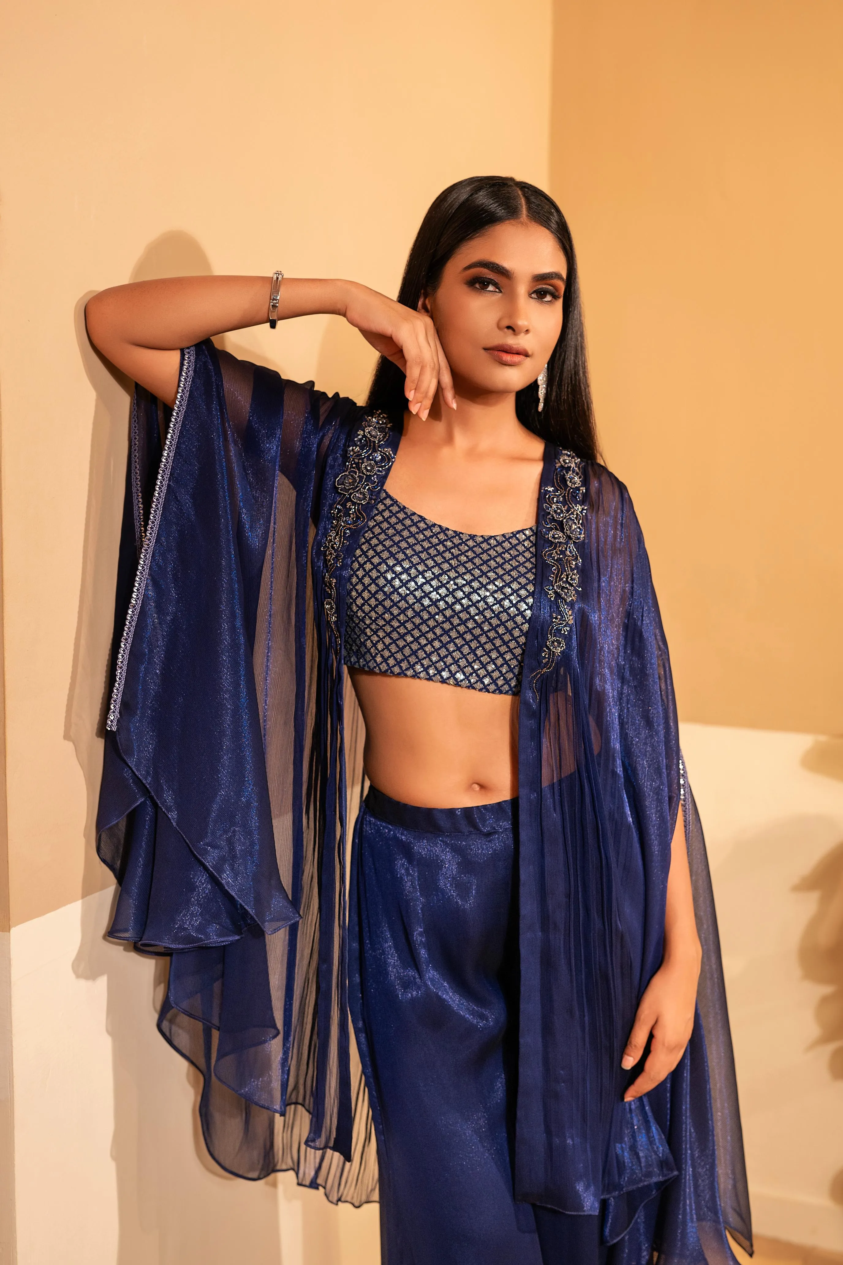 Dark Blue Embellished Premium Silk Cape Set