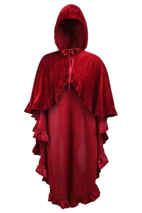 Dark Red Velvet Hooded Ruffle Cape