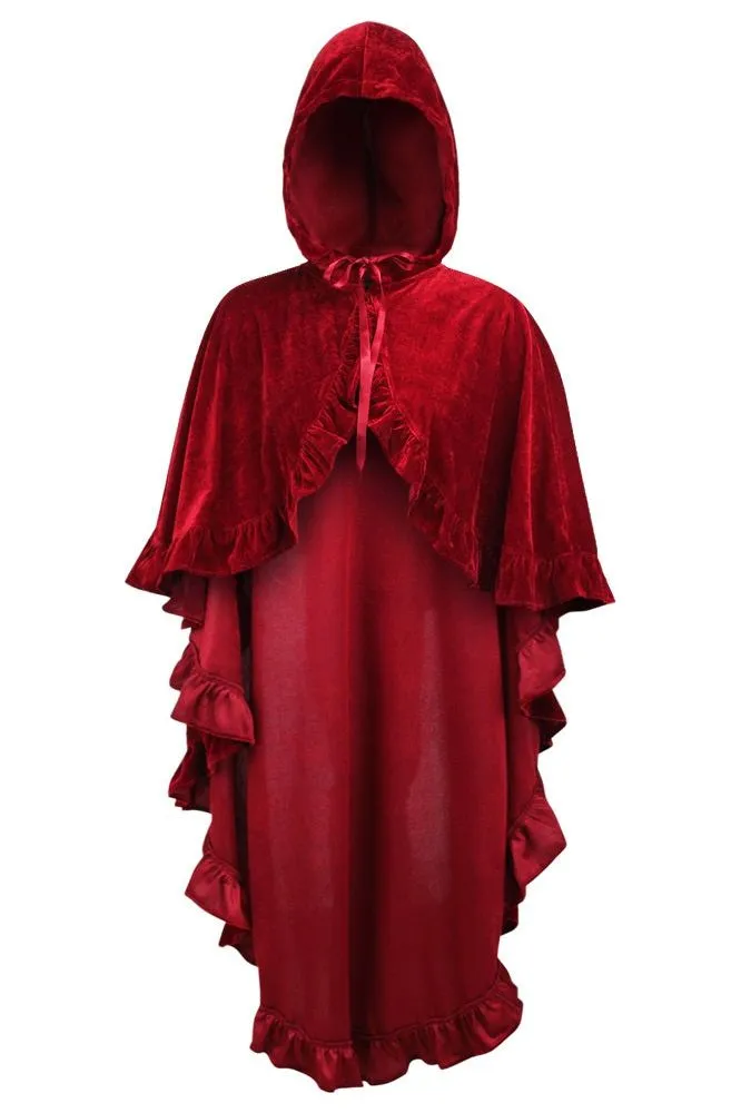 Dark Red Velvet Hooded Ruffle Cape