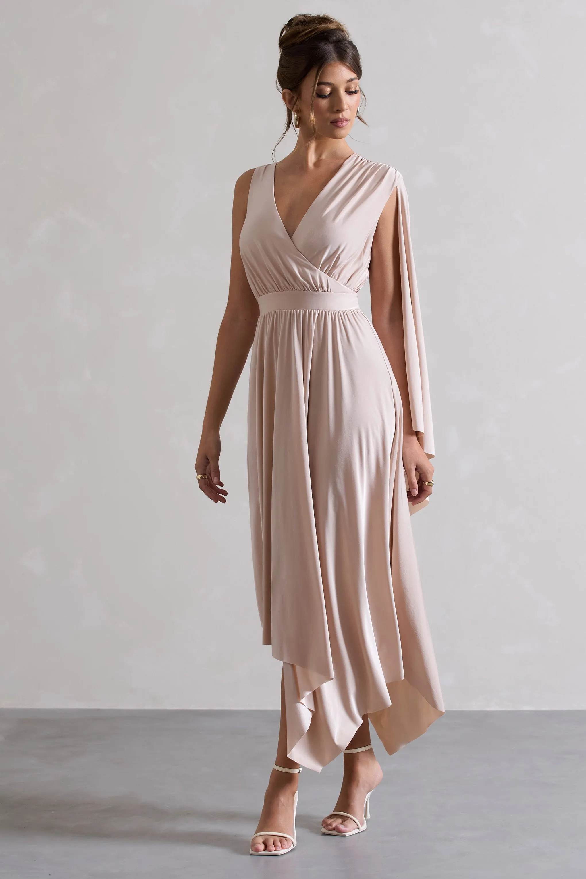 Fable | Champagne Plunge-Neck Maxi Dress With Cape Sleeve