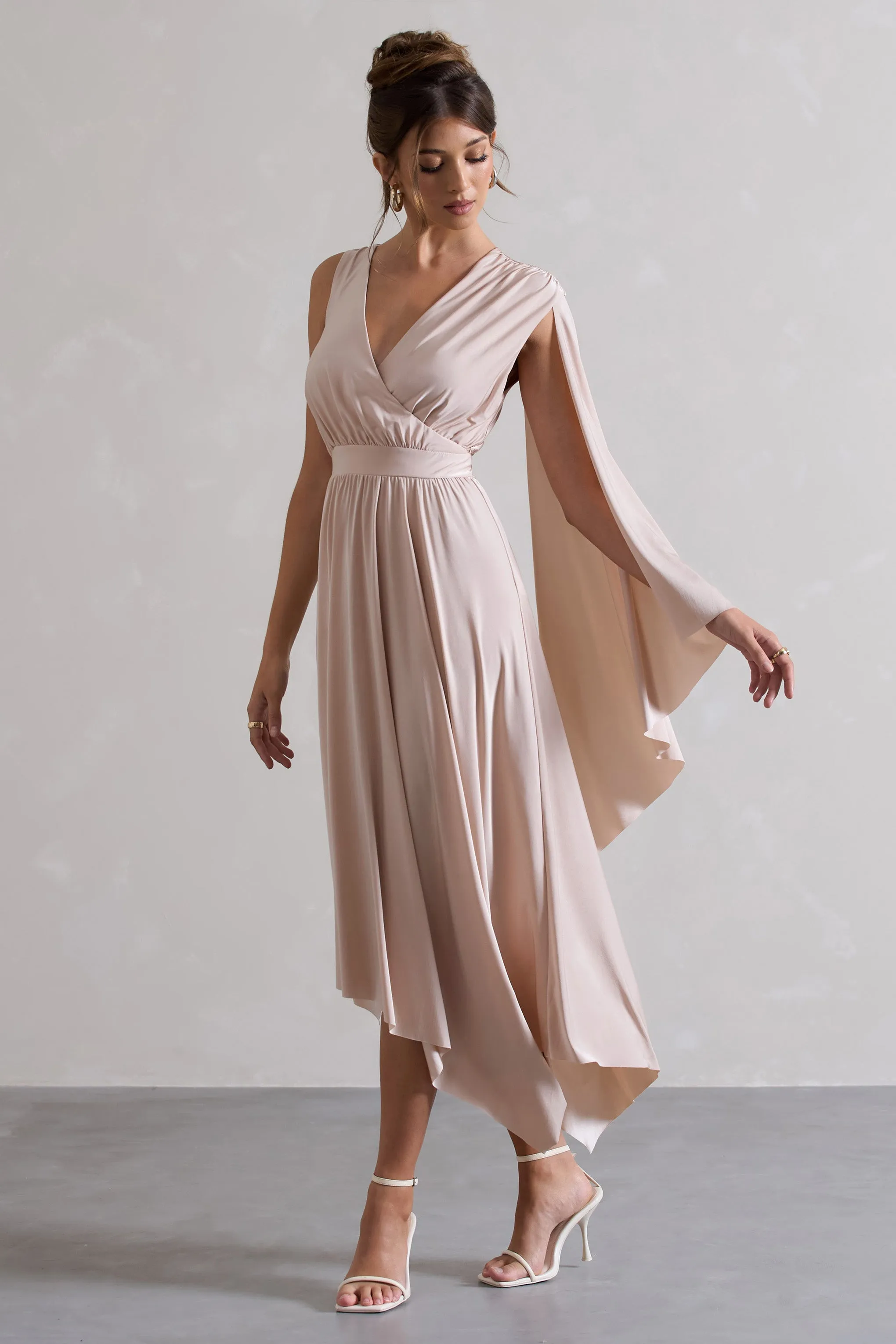 Fable | Champagne Plunge-Neck Maxi Dress With Cape Sleeve